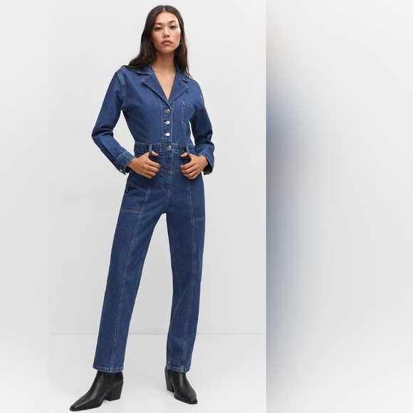 Mango Pants - MNG Medium Wash Long Sleeve Button Up Denim Jumpsuit With Flaps Size Medium